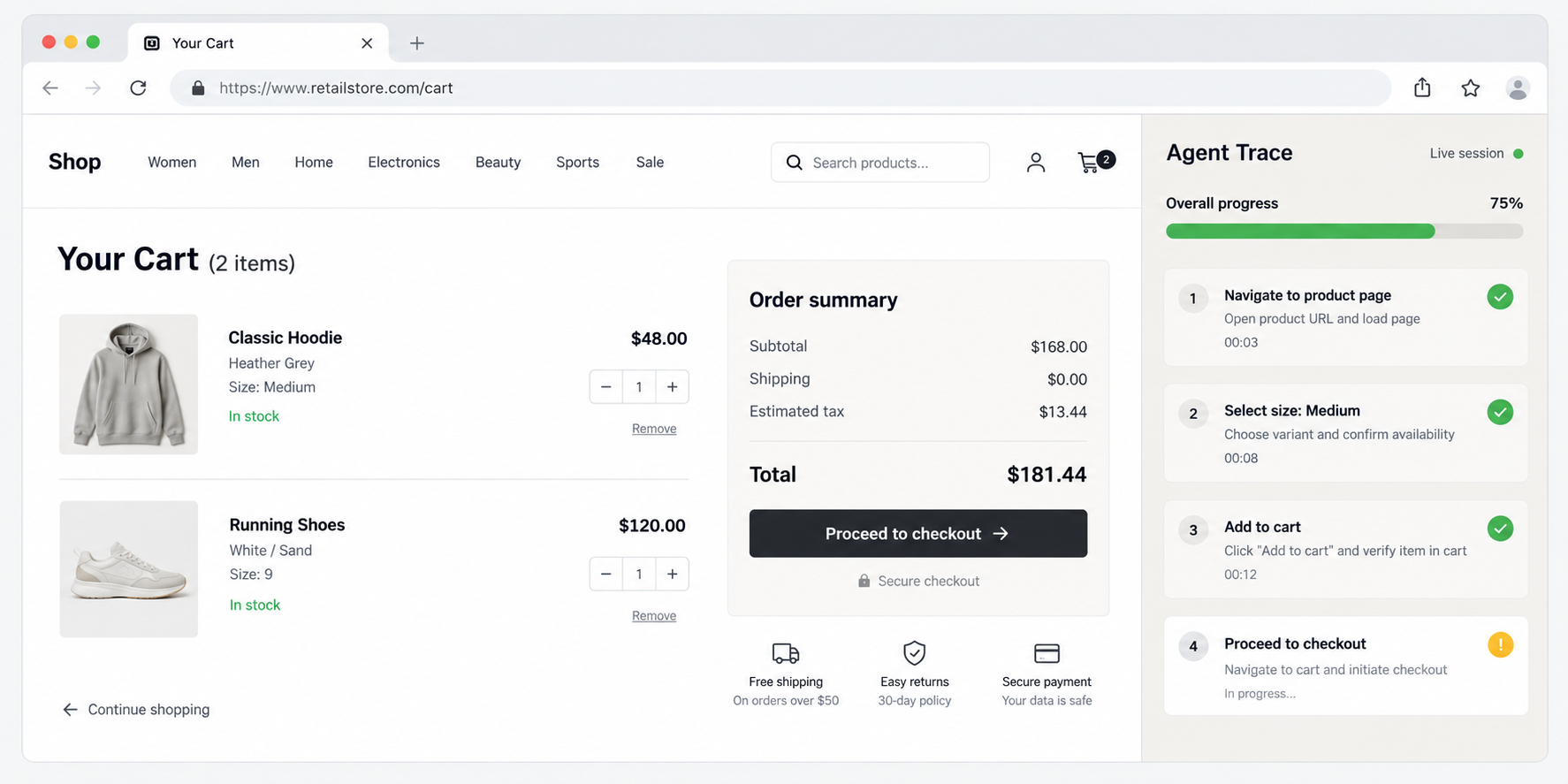 Commerce agent session trace showing numbered steps from navigation to checkout