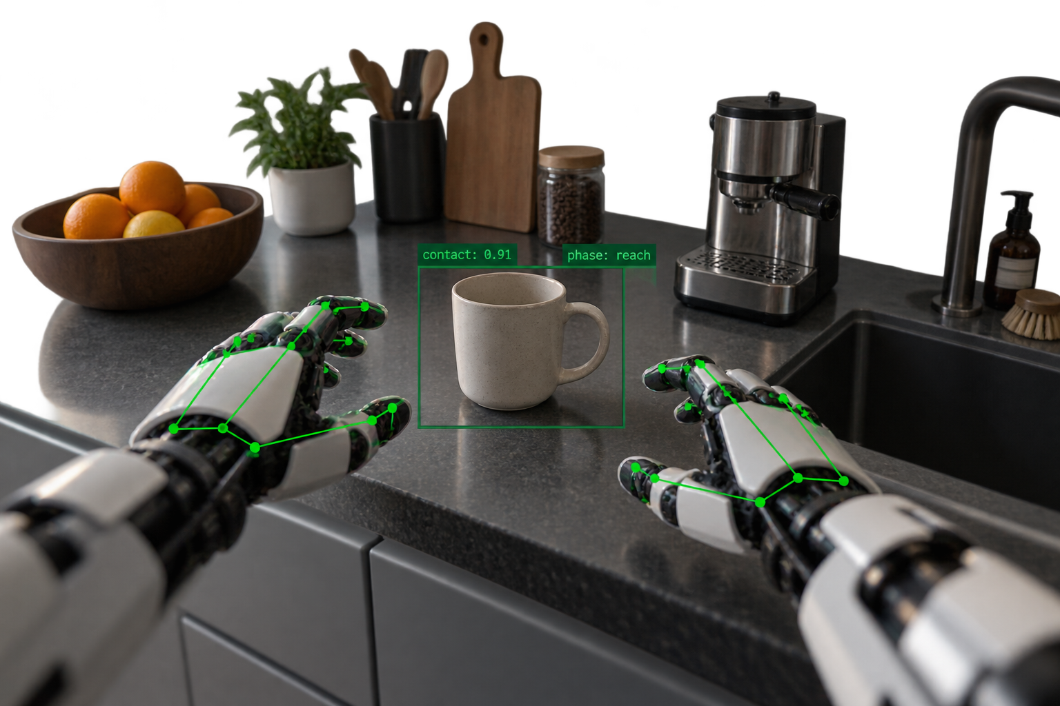 Robot hands reaching for a mug in a kitchen, with green skeletal annotation overlay and bounding box labels showing contact probability and task phase